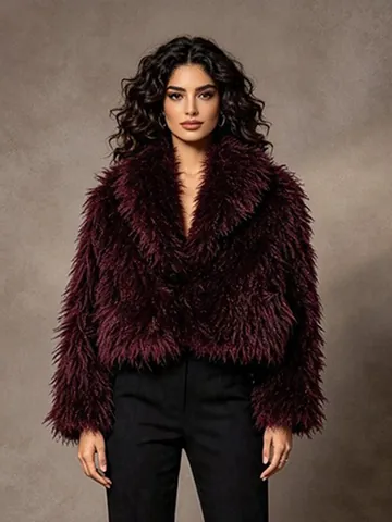 Women's Elegant Wine Red Faux Fur Coat Socialite Thick Shaggy Short Jacket Luxury Open Front Long Sleeve Winter Outerwear