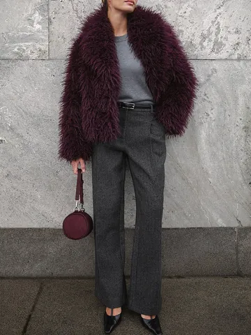 Women's Elegant Wine Red Faux Fur Coat Socialite Thick Shaggy Short Jacket Luxury Open Front Long Sleeve Winter Outerwear