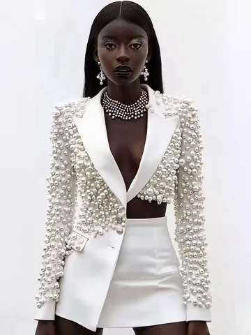 Women Heavy Beadwork Artificial Pearl Irregular Blazer Top And Mini Skirt Bottom Deep V Neck Long Sleeve Skirt Suit