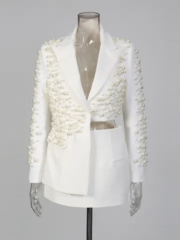 Women Heavy Beadwork Artificial Pearl Irregular Blazer Top And Mini Skirt Bottom Deep V Neck Long Sleeve Skirt Suit