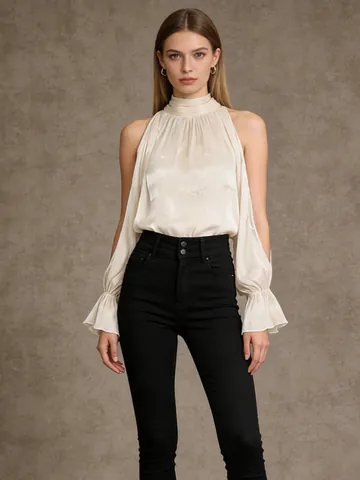 Damen Champagner Schulterfrei Halterneck Bluse Polyester Baumwolle Locker Langarm Glockenärmel Top Party Casual Hemd