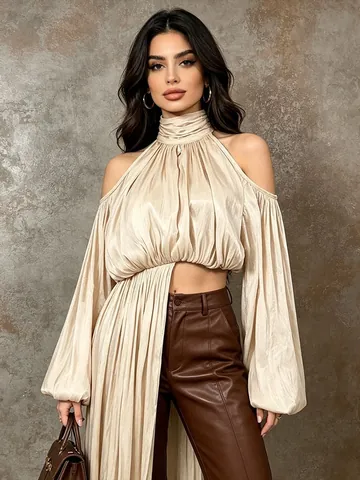 Damen Stehkragen Schulterfrei Bluse Laternenärmel Asymmetrischer Saum Top Polyester Baumwolle Kurzes Hemd Für Urlaub