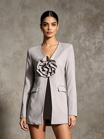Women's V-Neck Flower Patchwork Slim Fit Blazer Jacket Sexy Long Sleeve Single Button Office Party Designer Outerwear Top