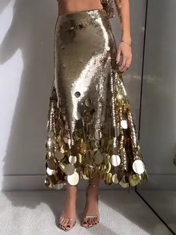 Falda Midi de Lentejuelas de Talle Alto para Mujer Estilo Europeo Moderno Empalme de Lentejuelas Grandes Elegante Falda de Gala