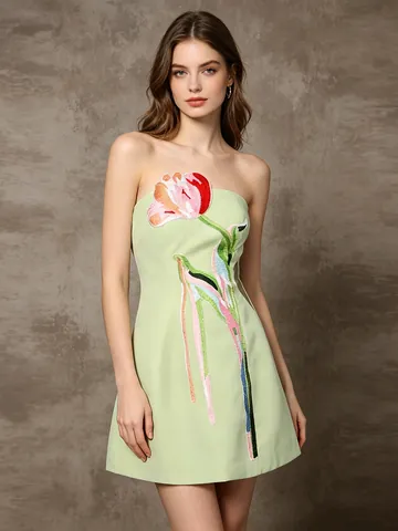 French Vintage Heavy Embroidery Bandeau Dress Women Summer High Waist Mini Dress Green Floral Tulip Embroidered Skirt