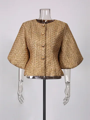 Women Elegant Sequin Tweed Jacket Puff Sleeve Round Neck Single Breasted Slim Fit Short Coat Luxury Fashion Outerwear Top