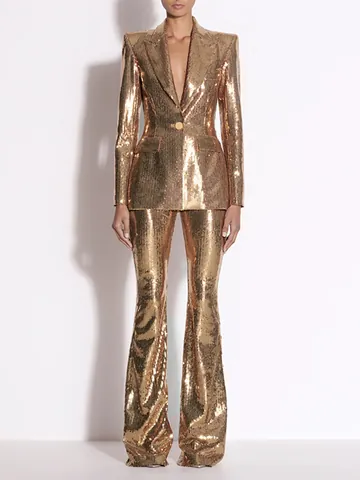 Women Gold Glitter Sequin Suit Blazer Flare Pants Top And Bottom High Waist Party Banquet Evening Clubwear Fashion Street Set