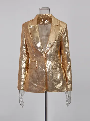 Women Gold Glitter Sequin Suit Blazer Flare Pants Top And Bottom High Waist Party Banquet Evening Clubwear Fashion Street Set