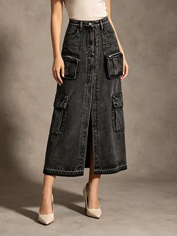 Women High Waist Cargo Denim Long Skirt A-Line Jean Skirt With Pockets Raw Hem Front Slit Streetwear Skirt