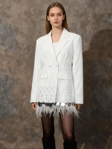 Women Elegant Ostrich Feather Patchwork Blazer Sophisticated Sequin Shell Splicing Solid Color Long Sleeve Suit Jacket Top