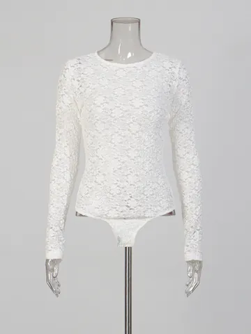 Women Sexy Lace Perspective Bodysuit Backless Bow Tie Splicing Slim Fit Long Sleeve Bodysuit Summer Elegant Top