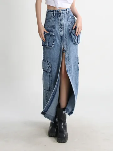 Women High Waist Cargo Denim Long Skirt A-Line Jean Skirt With Pockets Raw Hem Front Slit Streetwear Skirt