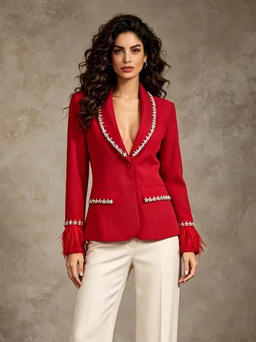 Women French Lapel Rhinestone Feather Cuff Blazer Jacket Luxury Slim Waist Top Elegant Formal Office Work Outerwear Coat
