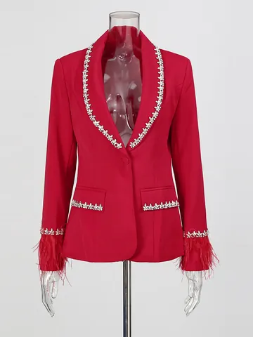 Women French Lapel Rhinestone Feather Cuff Blazer Jacket Luxury Slim Waist Top Elegant Formal Office Work Outerwear Coat