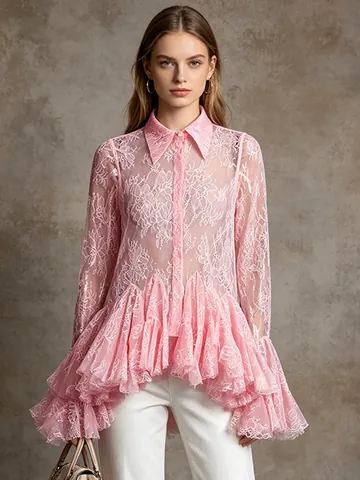 Abito a Camicia in Pizzo Trasparente Stile Francese Donna Volant Orlo Irregolare Tinta Unita Manica Lunga Revers Mini Abito