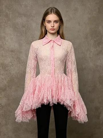 Abito a Camicia in Pizzo Trasparente Stile Francese Donna Volant Orlo Irregolare Tinta Unita Manica Lunga Revers Mini Abito