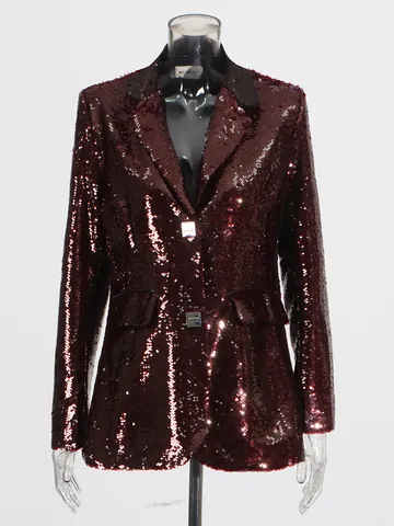 Women High-End Sequin Blazer Jacket Long Sleeve V-Neck Square Button Formal Party Clubwear Shiny Solid Color Suit Jacket