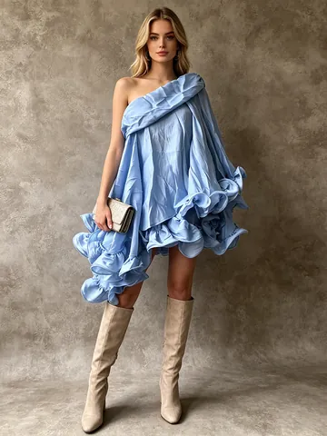 French Vacation Style Off-Shoulder Ruffle Top And Mini Skirt Set Polyester Cotton Solid Color Women Elegant Summer Outfit