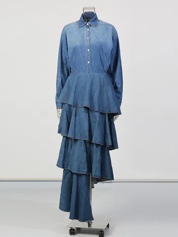 Vintage Denim Layered Skirt and Long Sleeve Shirt Two Piece Set Elegant Retro Blue Patchwork Skirt Set for Women Casual Outfits
