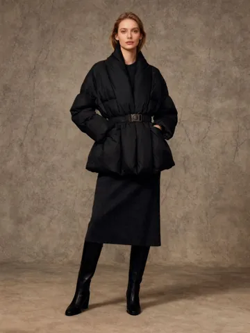 Vrouwen Elegante Effen Kleur Gevoerde Katoenen Jas Met Gordel Slanke Taille Pufferjas Casual Woon-Werkverkeer Lange Mouw Silhouette