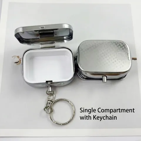 Portable Metal Pill Box Keychain Small Round Square Tin Case For Medicine Solid Balm With Dividers Mirror For Travel Daily Use