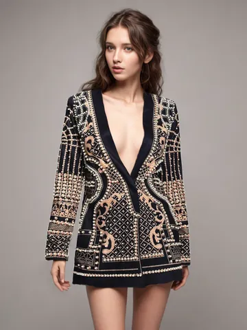 Women Court Style Luxury Blazer Jacket Heavy Industry Print Beaded V-Neck Mid-Length Single Button Retro Polyester Top