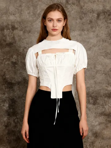 Women Summer Puff Sleeve Shrug And Ruched Bodysuit Top And Bottom Set Solid Color Drawstring Snatched Waist Chic Outfit