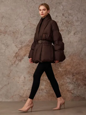 Vrouwen Elegante Effen Kleur Gevoerde Katoenen Jas Met Gordel Slanke Taille Pufferjas Casual Woon-Werkverkeer Lange Mouw Silhouette