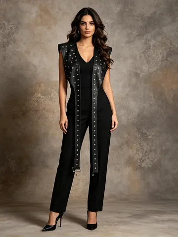 Women Punk Streetwear Rivet Vest Sleeveless Black Hip Hop Top With Extra Long Decorative Straps And Metal Buckles Individual Style