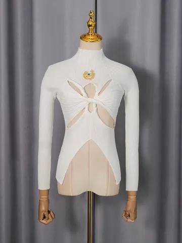 Women Trendy Sexy Ribbed Knit Sweater With Twist Hollow Out Design Metal Eye Decoration Cotton Blend Long Sleeve Mock Neck Top