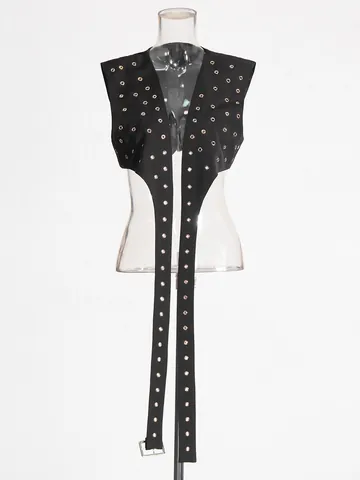 Women Punk Streetwear Rivet Vest Sleeveless Black Hip Hop Top With Extra Long Decorative Straps And Metal Buckles Individual Style
