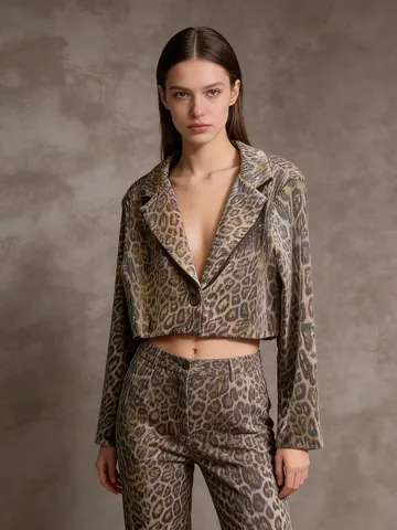 Women American Retro Sequin Leopard Zebra Print Cropped Blazer Jacket Lapel Long Sleeve Top And Bottom Street Fashion