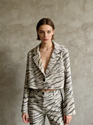 Women American Retro Sequin Leopard Zebra Print Cropped Blazer Jacket Lapel Long Sleeve Top And Bottom Street Fashion