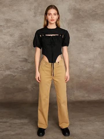 Women Summer Puff Sleeve Shrug And Ruched Bodysuit Top And Bottom Set Solid Color Drawstring Snatched Waist Chic Outfit