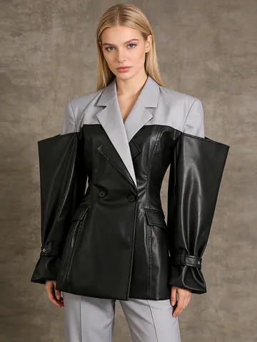 Blazer Minimalista de Cuero Patchwork para Mujer Puño Oversized Doble Botonadura Ropa de Abrigo Cosida para Oficina Desfile