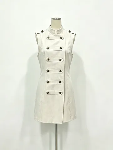 Women Elegant Stand Collar Sleeveless Apricot Vest Dress Double Breasted Slim A-Line Short Dress Polyester Cotton Summer Clothing