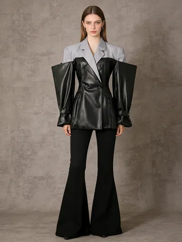 Blazer Minimalista de Cuero Patchwork para Mujer Puño Oversized Doble Botonadura Ropa de Abrigo Cosida para Oficina Desfile