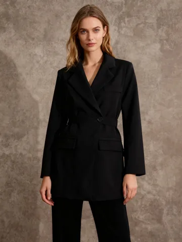 Women Long Sleeve Notched Lapel Blazer Dress Elegant Slim Fit Waist Tie Solid Color Office Lady Mini Dress Spliced Business Dress