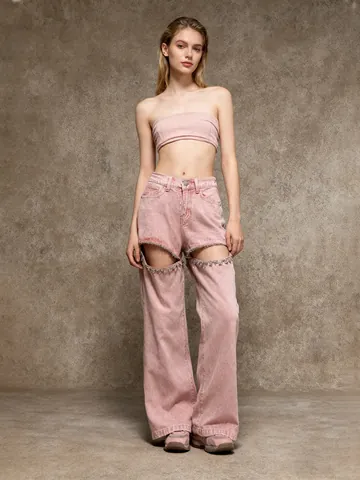 Niche Design Mid Waist Rhinestone Hollow Out Straight Jeans Women Cotton Nylon Pink Denim Pants Streetwear Patchwork Denim Bottoms