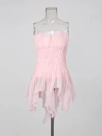 French Style Sexy Pink Bandeau Top With 3D Smocked Texture And Irregular Ruffled Hem Sophisticated Summer Fashion Top For Women