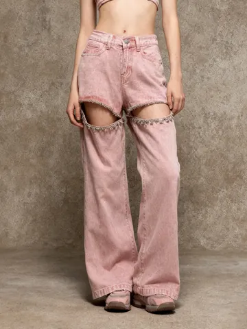Niche Design Mid Waist Rhinestone Hollow Out Straight Jeans Women Cotton Nylon Pink Denim Pants Streetwear Patchwork Denim Bottoms
