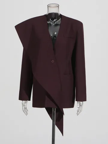 Women's High-End Silhouette Polyester Blazer Jacket With Asymmetric Shawl Streamer One-Button Autumn Fashion Top