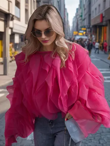 Elegante Damen Mehrlagige Mesh Patchwork Bluse Einfarbig Kurz geschnittenes Rüschenoberteil Rundhals Puffärmel Polyesterhemd