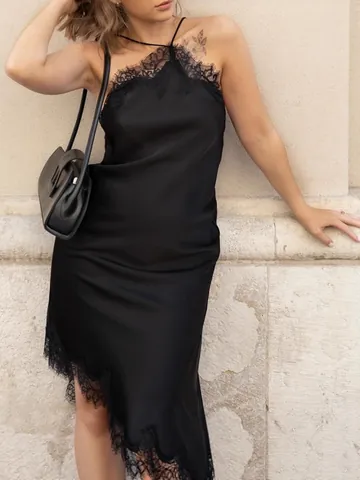 Abito in Satine Scollo all'Americana Stile Francese con Bordo in Pizzo per Donna Vestibilità Sexy Slim Orlo Irregolare Senza Maniche Schiena Scoperta Abito Midi da Sera Estivo Elegante Tinta Unita