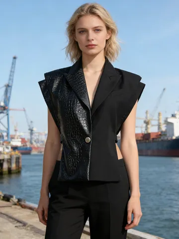 Women Moto PU Leather Patchwork Vest Asymmetric Crocodile Pattern Sleeveless Top Lapel Collar Cutout Waist Streetwear