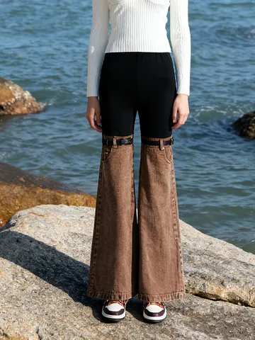 Pantalon Jeans Évasé à Taille Haute pour Femmes Patchwork Élégant Commuter Amincissant en Denim Color Block Avec Boucle en Cuir