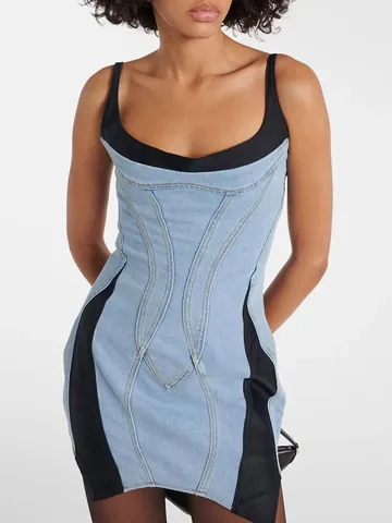 French Retro Denim Suspender Dress Women Summer New Patchwork Bodycon Fishbone Waist Snatching Irregular Sexy Mini Dress