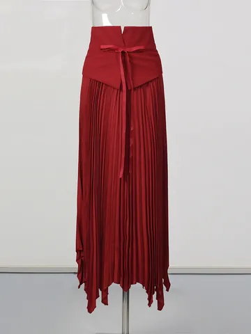 Gonna Midi Pieghettata A Vita Alta Elegante Stile Francese Per Donna Orlo Irregolare Coulisse In Misto Cotone Poliestere