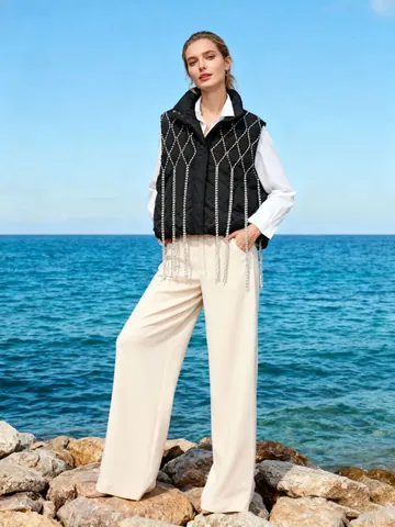 French Style Quilted Vest Women Pave Rhinestone Tassel Sleeveless Jacket Outerwear Solid Color Zipper Up Warm Waistcoat Top