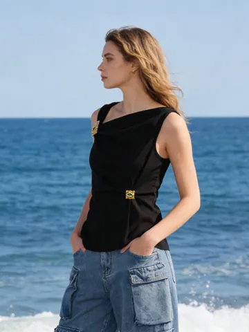 Top Senza Maniche con Scollo Irregolare in Stile Francese Donna T-Shirt Plissettata Slim Fit con Decorazione in Metallo Elegante Camicia da Festa